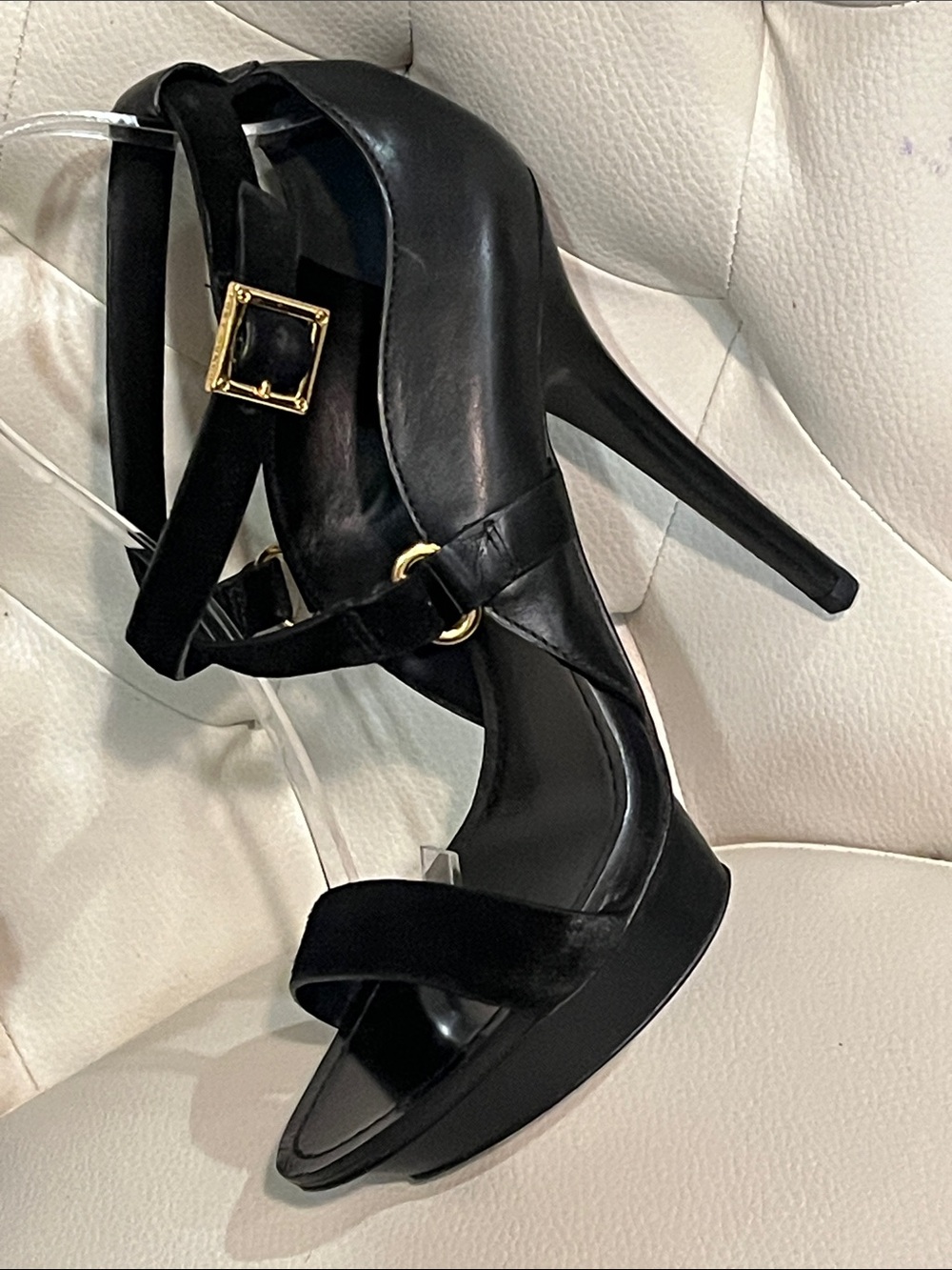 Tory Burch Black Leather Suede High Heel Platform Sandals Gold Hardware Size 8.5